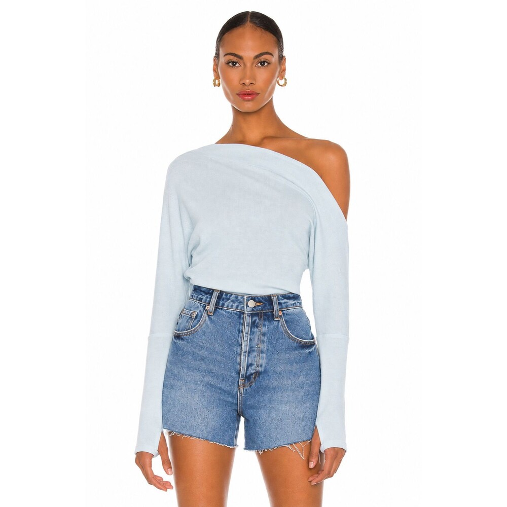 Free People We The Free Fuji Thermal Top Baby Blue Waffle Knit Boat Neck Size S